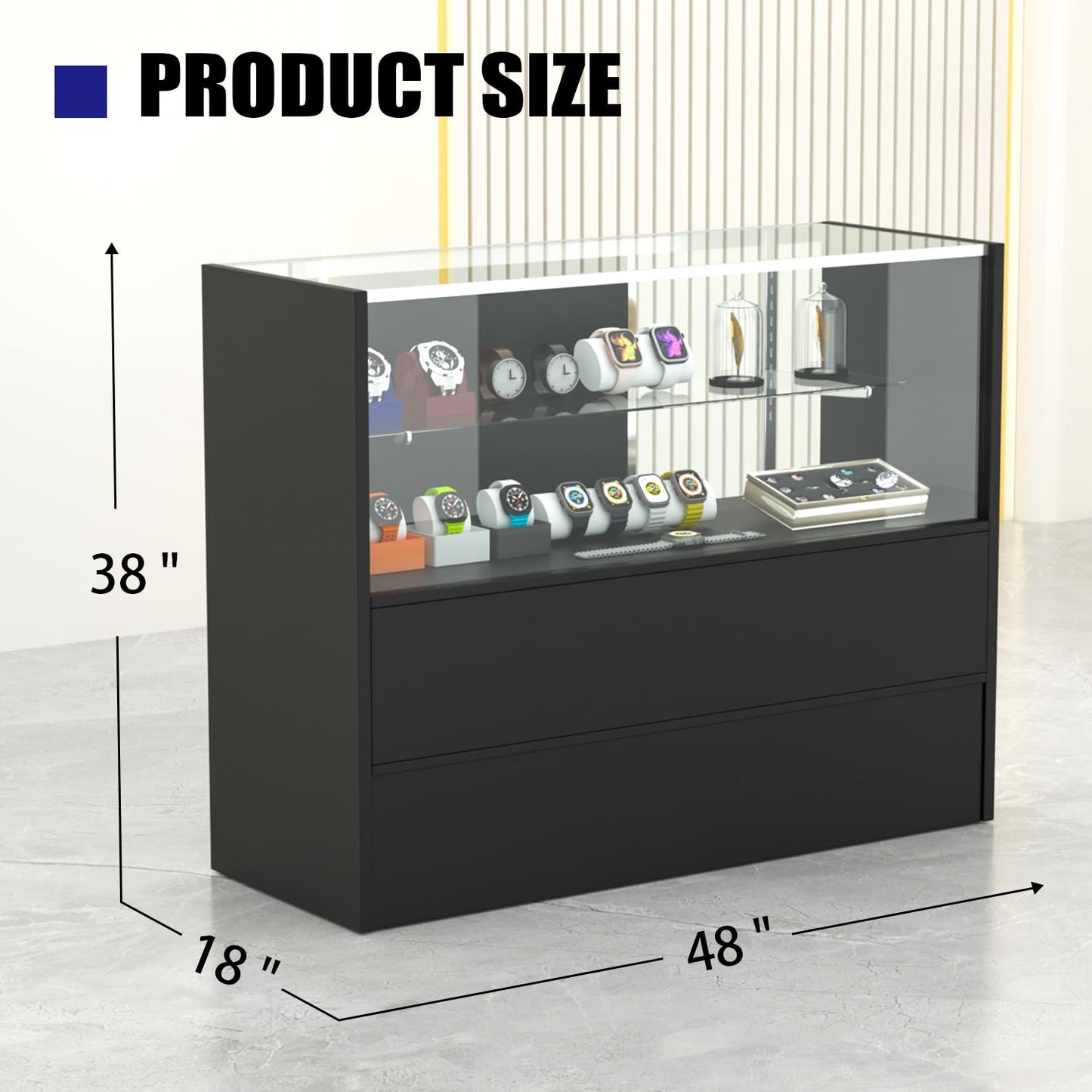 HUZJIEHUI 48" W x 18" D x 38" H - Black Retail Display Case, Glass Display Case with Storage，Illuminated Full Vision Display Showcase for Store