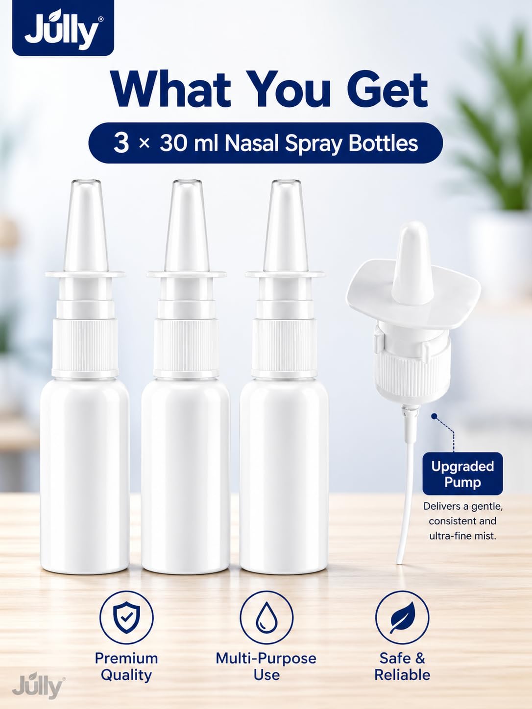 JULLY! 3-Pack 30ML Unique Mist Nasal Spray Bottle – Refillable Pump Sprayer for Nose, Durable HDPE Plastic, Leak-Proof Travel Size for Saline, Personal Care & Home Use, Easy-to-Use Dosage Mechanism