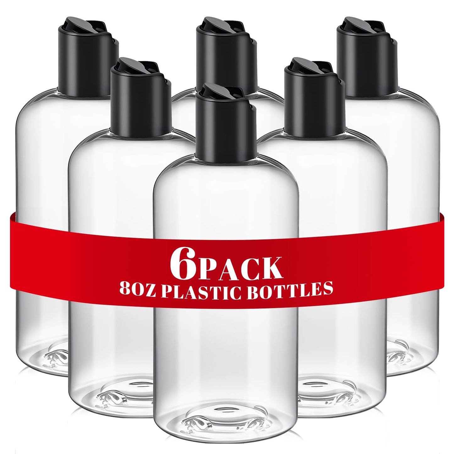 DPLASKA 6Pcs 8 oz Clear Plastic Refillable Travel Shampoo and Conditioner Bottles with Black Disc Top Caps，Squeeze Empty Bottles Cosmetic Containers for Lotions, Body Soap Cream