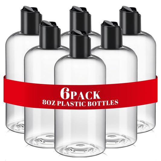 DPLASKA 6Pcs 8 oz Clear Plastic Refillable Travel Shampoo and Conditioner Bottles with Black Disc Top Caps，Squeeze Empty Bottles Cosmetic Containers for Lotions, Body Soap Cream