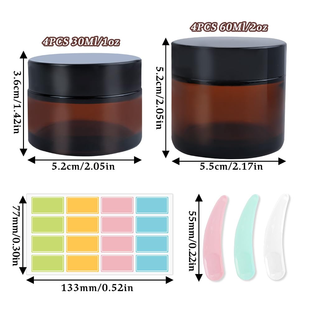 8PCS Amber Glass Jars, 1oz/2oz Cosmetic Containers with Inner Liners and Lids, Empty Round Sample Container with Label, Refillable Travel Jar for Cosmetics, Lotions, Creams