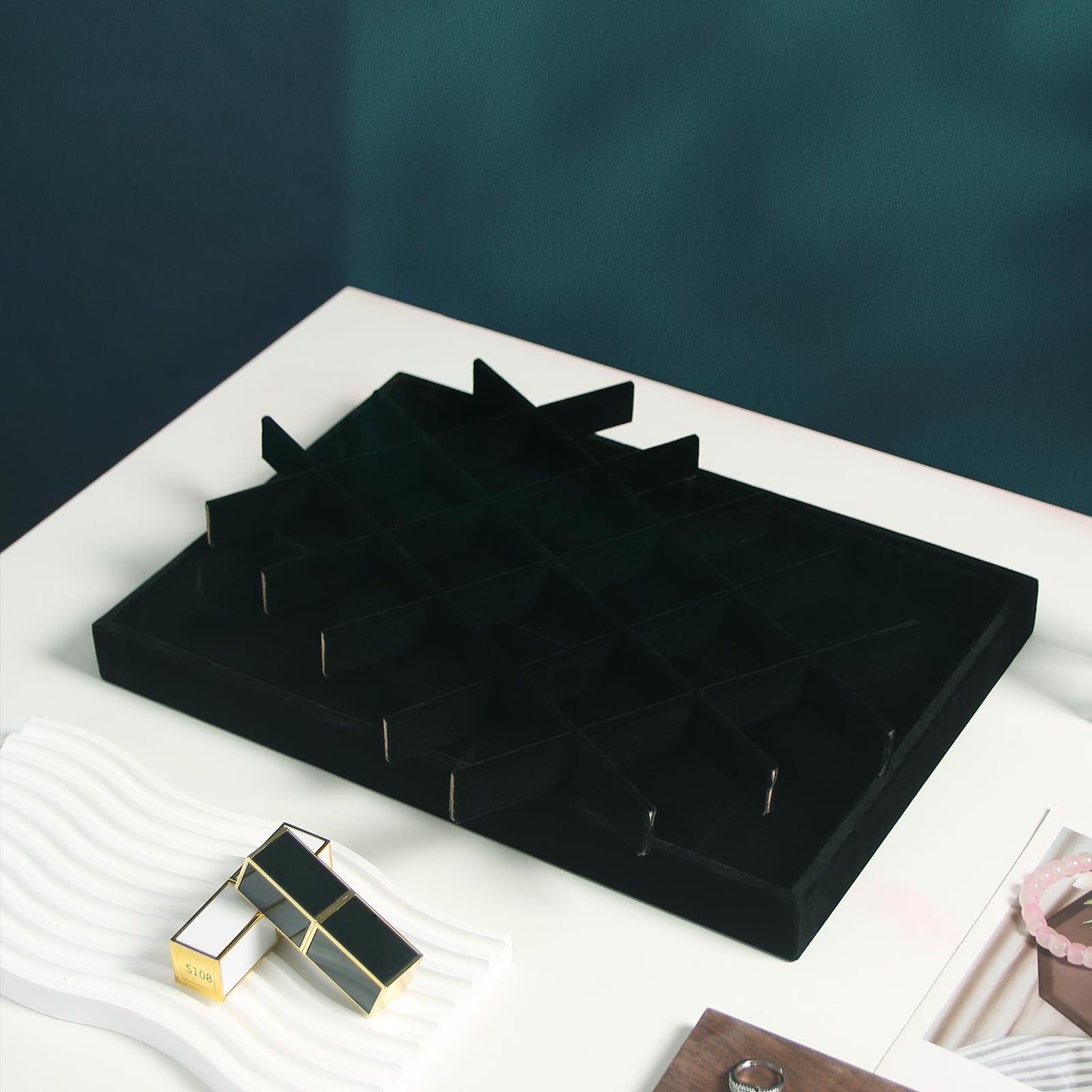 Coward 2PC Black Velvet Stackable 24 Gird Jewelry Organizer Tray Necklace Earring Box Storage Drawer Ring Earring Display Holder (24grid+24grid)