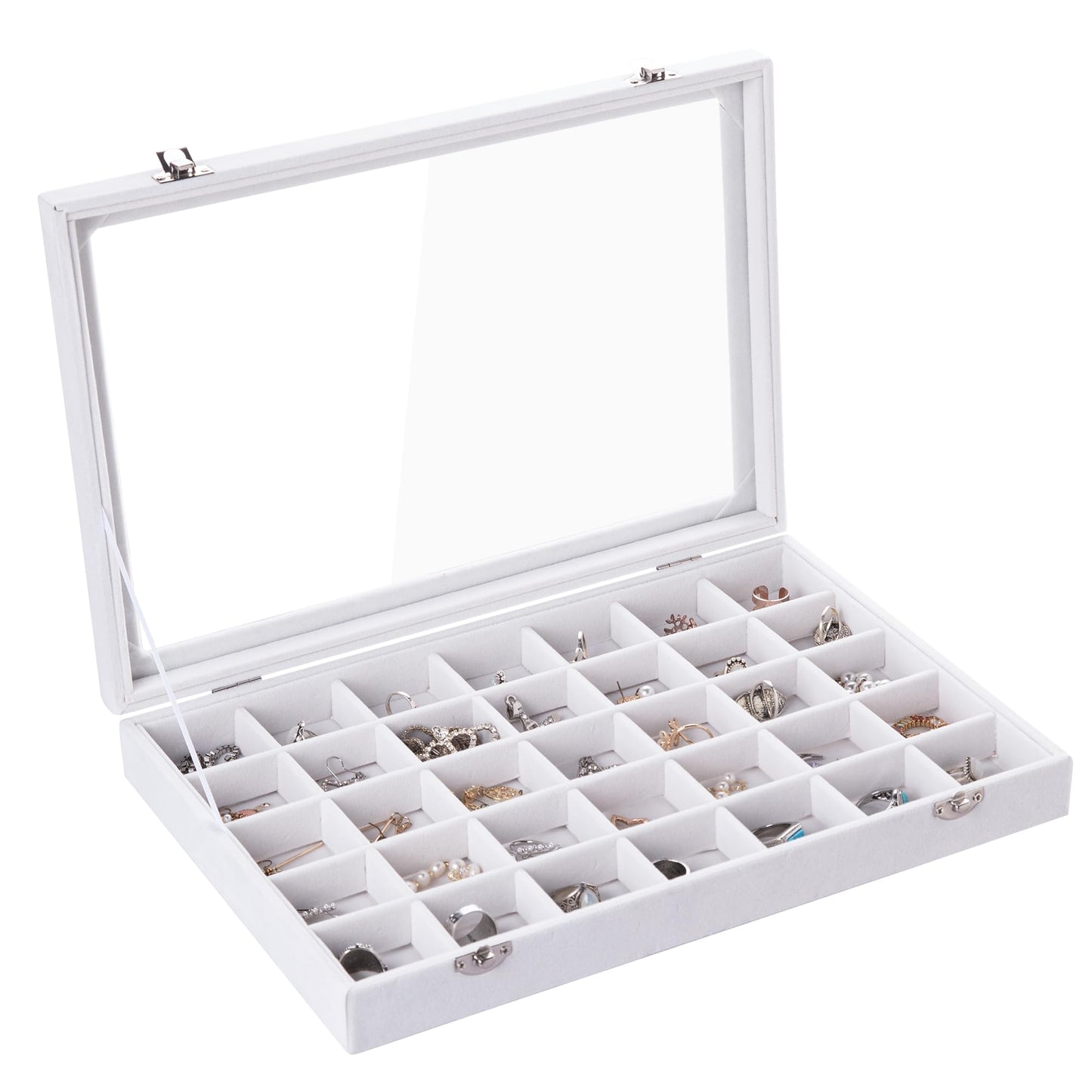 Frebeauty Velvet Jewelry Tray,35 Grid Jewelry Organizer with Clear Lid,Earring Holder Organizer Case with Clasp,Drawer Insert for Rings Studs,13.8 x 9.5 x 2 Inches,Gift for Women Girls(White)