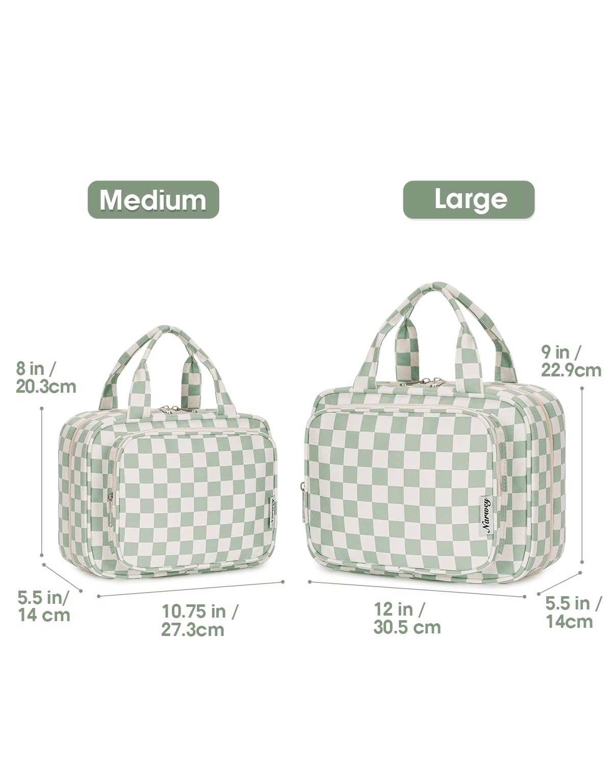 Narwey Travel Toiletry Bag for Women Large Capacity, Hanging Makeup Bag Organizer Toiletries Bag for Full Size Essentials, Accessories, Brushes, Cosmetics (Mint Green Checkerboard (Large))