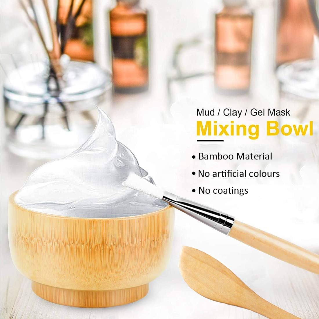 LINSINA Face Mask Mixing Bowl and Brush Set, 7 in 1 Bamboo Facial Mask Tool kits with Facial Mask Bowl,DIY Clay Mask Mixing Kit,Mask Applicator and Bowl Tool Set (Yellow-Blue)