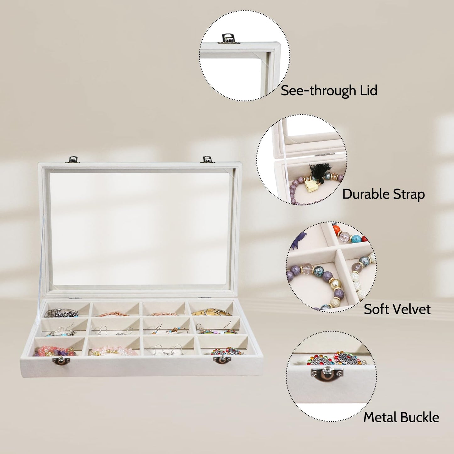 Stratalife Jewelry Organizer Bracelet Organizer Storage Box 12 Grid Stackable Jewelry Tray with Lid Velvet Jewelry Box for Drawer Necklace Bracelet Display Storage Organizer Box (Beige)
