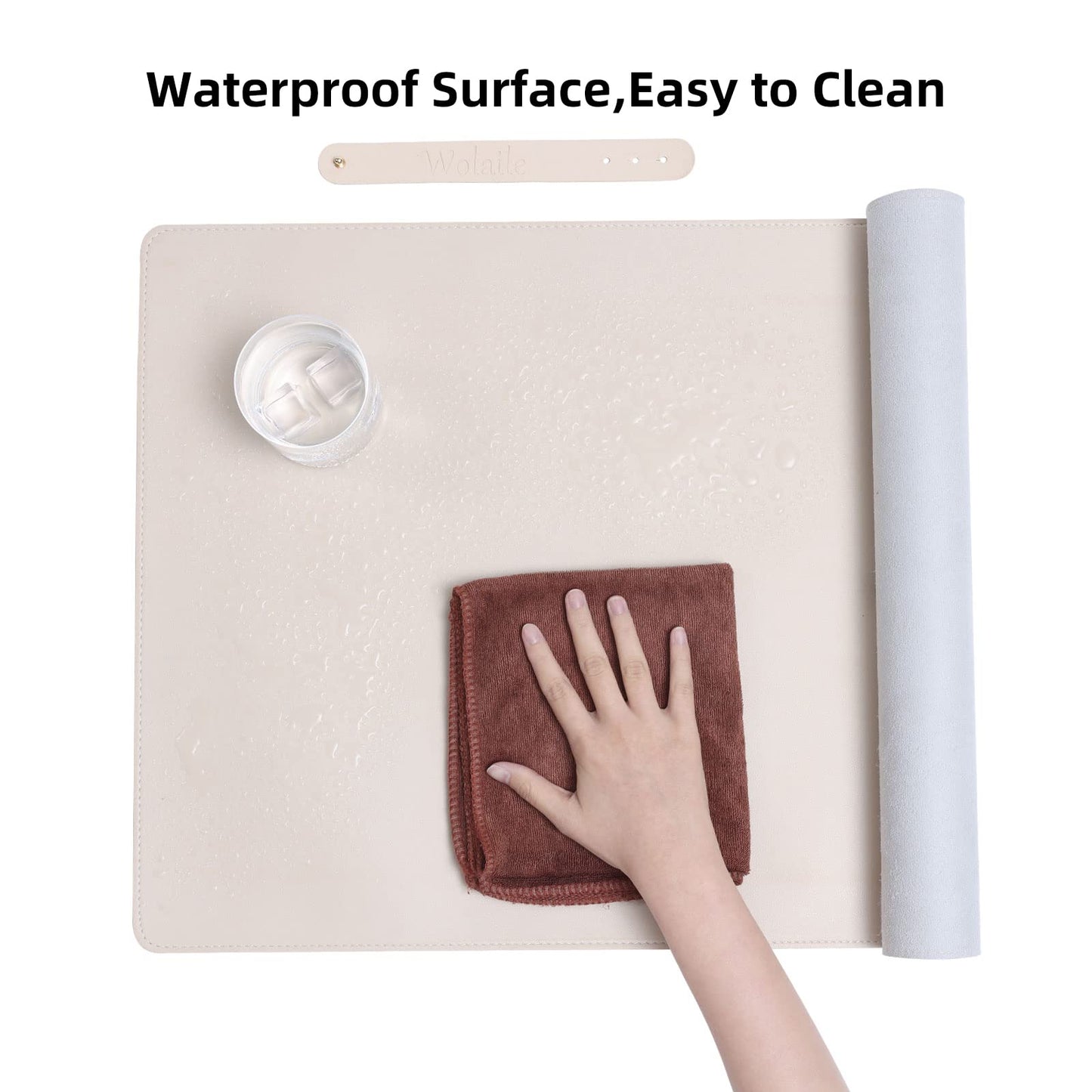 Wolaile Desk Blotter Pad,27x13 inch PU Leather Computer Mouse Mat,Non-Slip Waterproof Writing Desktop Protector for Office Home,Small,Beige White