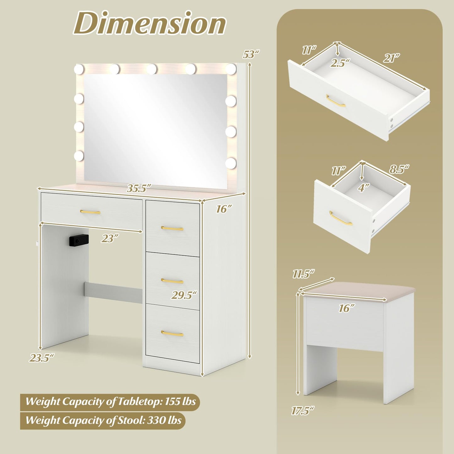 CHEFJOY Vanity Desk with Mirror and Lights, Dressing Table with Storage Stool, 4 Drawers, Charging Station, Hair Dryer Stand, 3 Color Lighting, Modern Makeup Vanity for Bedroom, Living Room, White