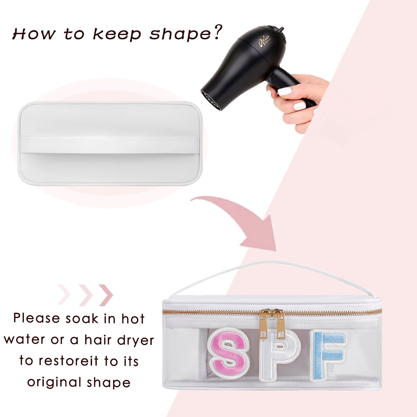 RSRSLEII Clear Waterproof Summer SPF Makeup Bag，Aesthetic Transparent Letter Patch Cosmetic Bag with Metal Zipper, Preppy Sunscreen Accessories Storage Organization, Beach Travel Purse(06SPF White)