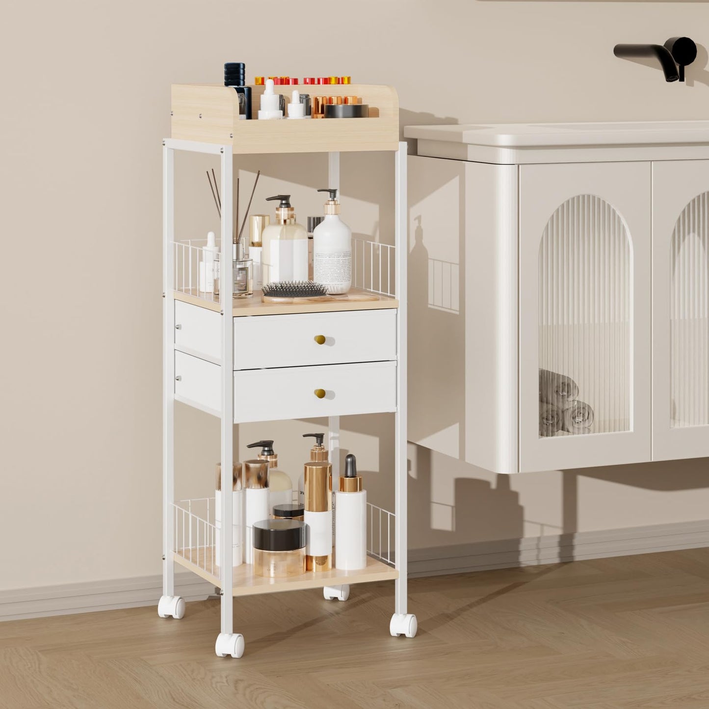 Makeup Organizer Cart Shelf Floor Skincare Organizers Make Up and Station Storage Cabinet For Vanity Standing Cosmetics With Drawers and Wheels For Nail Polish Perfume Hair Tool Holder Beauty(White)