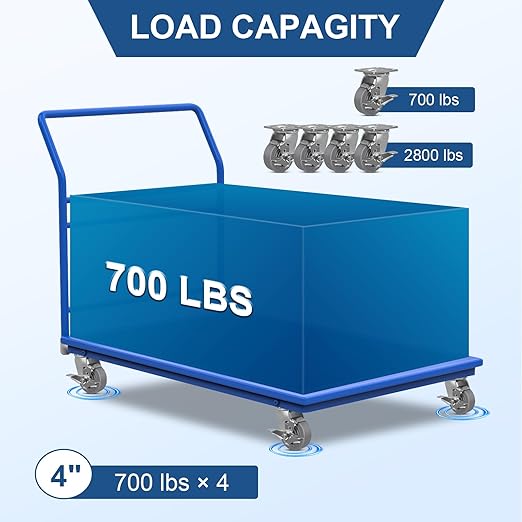 4 Inch Rubber Wheels (Flat Tread)- Heavy Duty Casters, Industrial Caster Wheels- with up to 700 LB Capacity- Use for Dollies, Utility and Maintenance Carts(2 Brake)