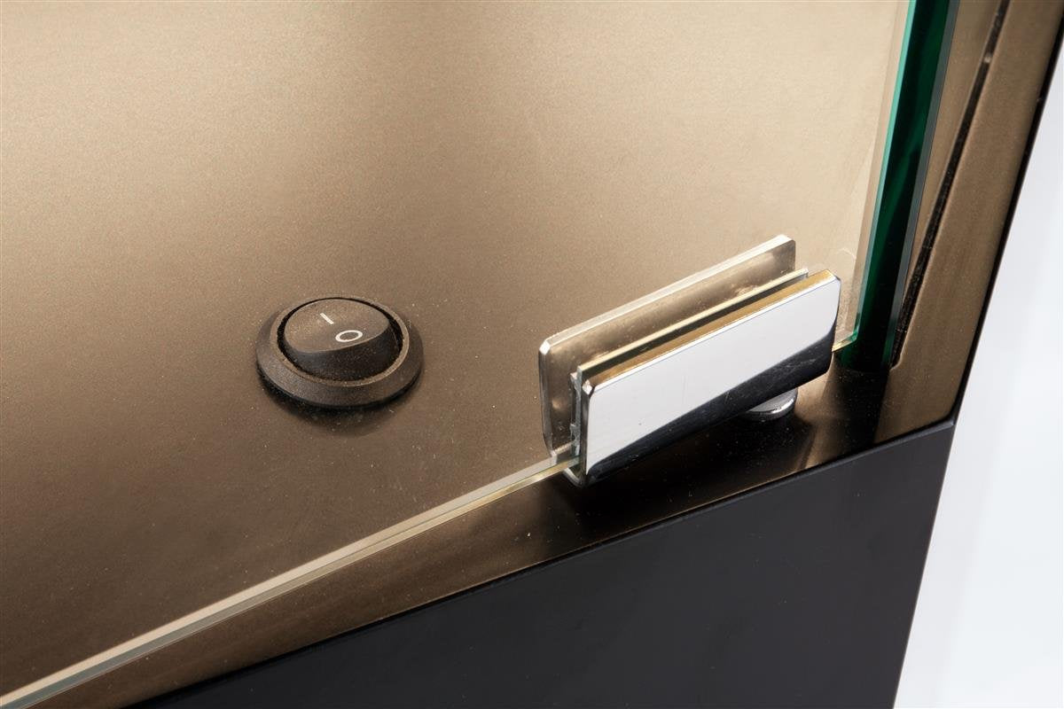 Displays2go, Glass Gallery Showcase, Laminated MDF & Tempered Glass Construction – Black Finish (GTLEDQCBLK)