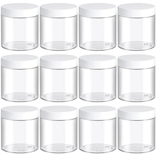 12 Pack 8 Oz Plastic Jars with White Lids, 8oz Small Plastic Containers with Lids for Cosmetic Makeup Beauty Products, Slime, Sample, Travel, BPA Free | Wide Mouth | Refillable