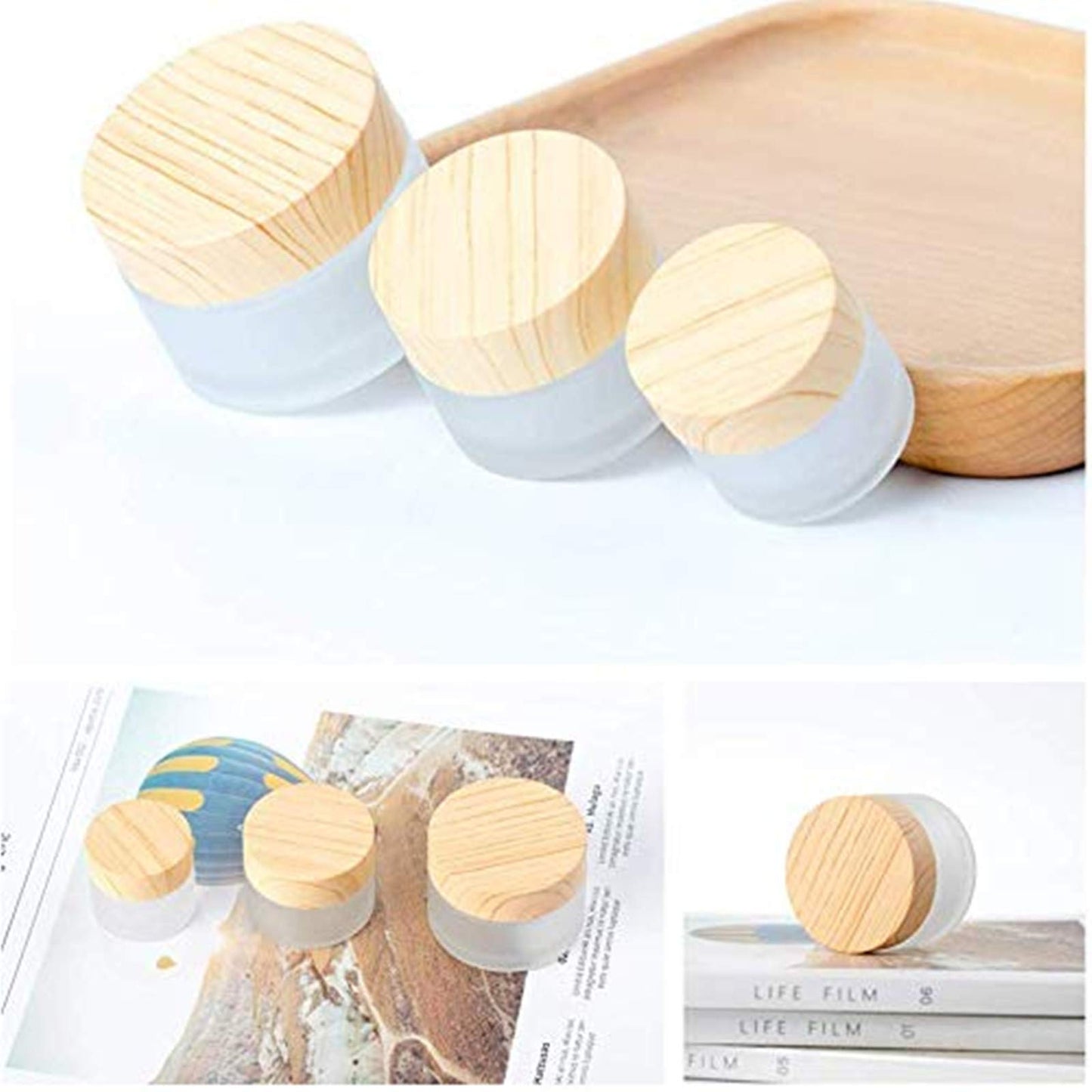 Healthcom 12 Packs 1 Oz Empty Jars 30ml Round Frosted Glass Cream Jar Bottles Holder with Wood Grain Lids Refillable Case Vial Pot Cosmetic Container Glass Bottles for Lotion Face Lip Balm Eye Cream