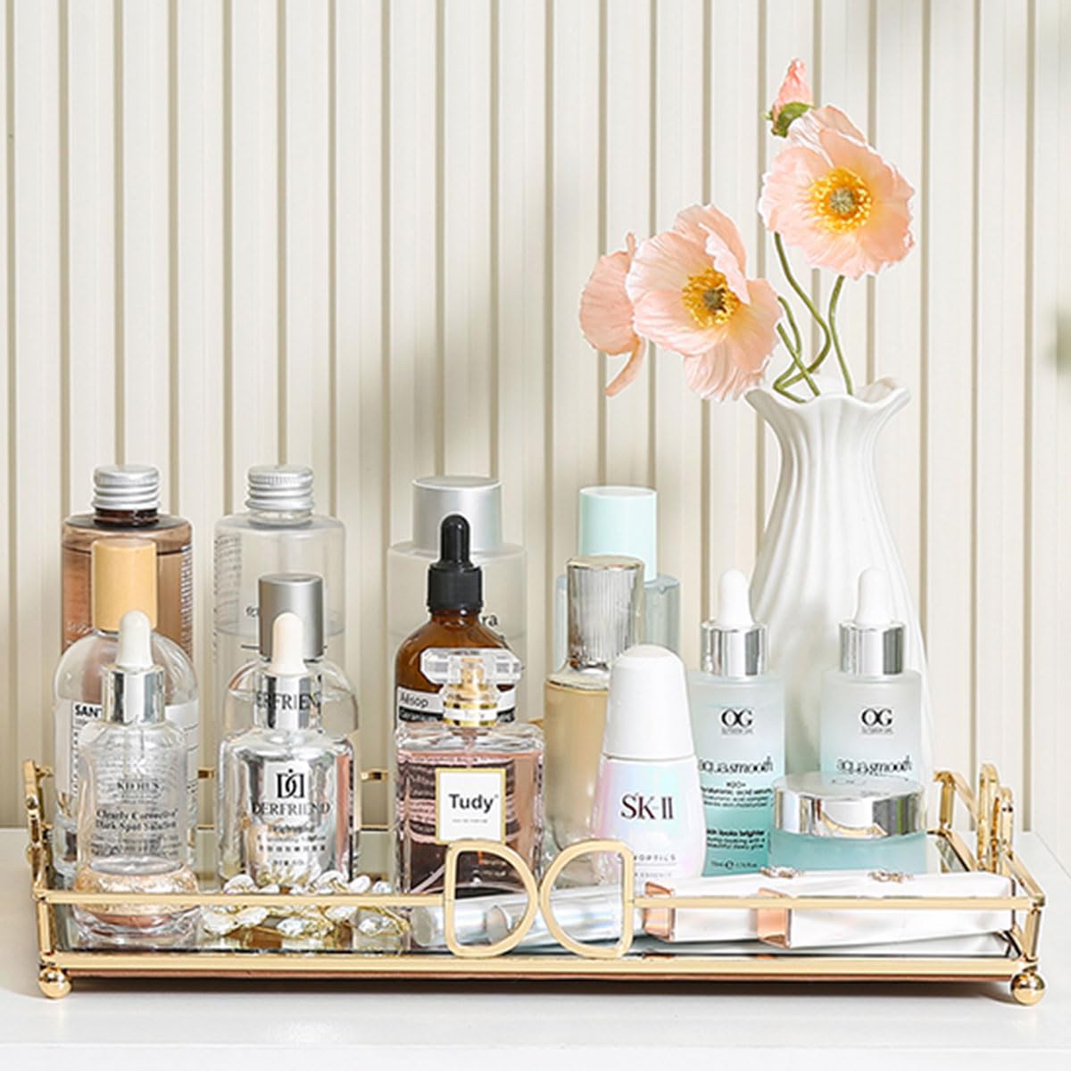 HAIGOUER Large Gold Mirrored Tray for Makeup Vanity, 14x10 Entire Length Perfume Organizer for Dresser Top, Elegant Decorative Countertop Storage