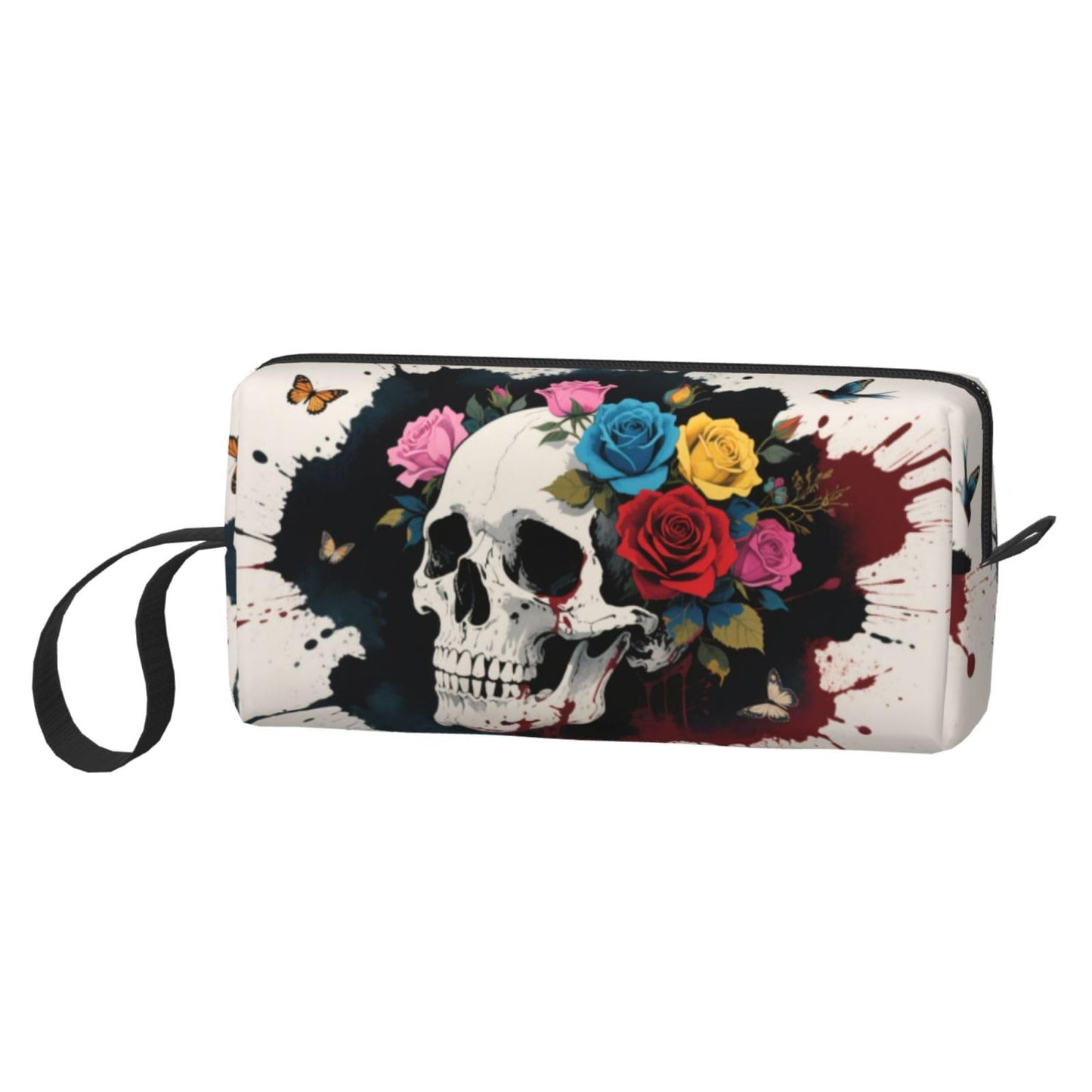OLUSENMO Bold Skull & Roses Makeup Bag Small Compact & Durable Travel Cosmetic Bag Organizer Oxford Fabric Impact-Resistant Multi-Purpose Storage Perfect for Travel, Gym, Daily Use