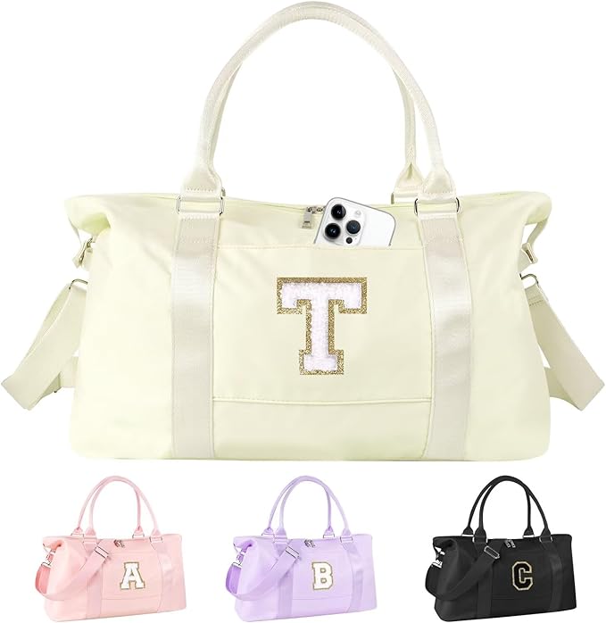 Dance Gym Duffel Bag for Teen Girls, Personalized Initial Travel Weekender Bag,Cute Overnight Carry On Duffle for Women,Sports Travel Cheer Bag,Monogram Christmas Gifts for Tween Preppy(beige-T)