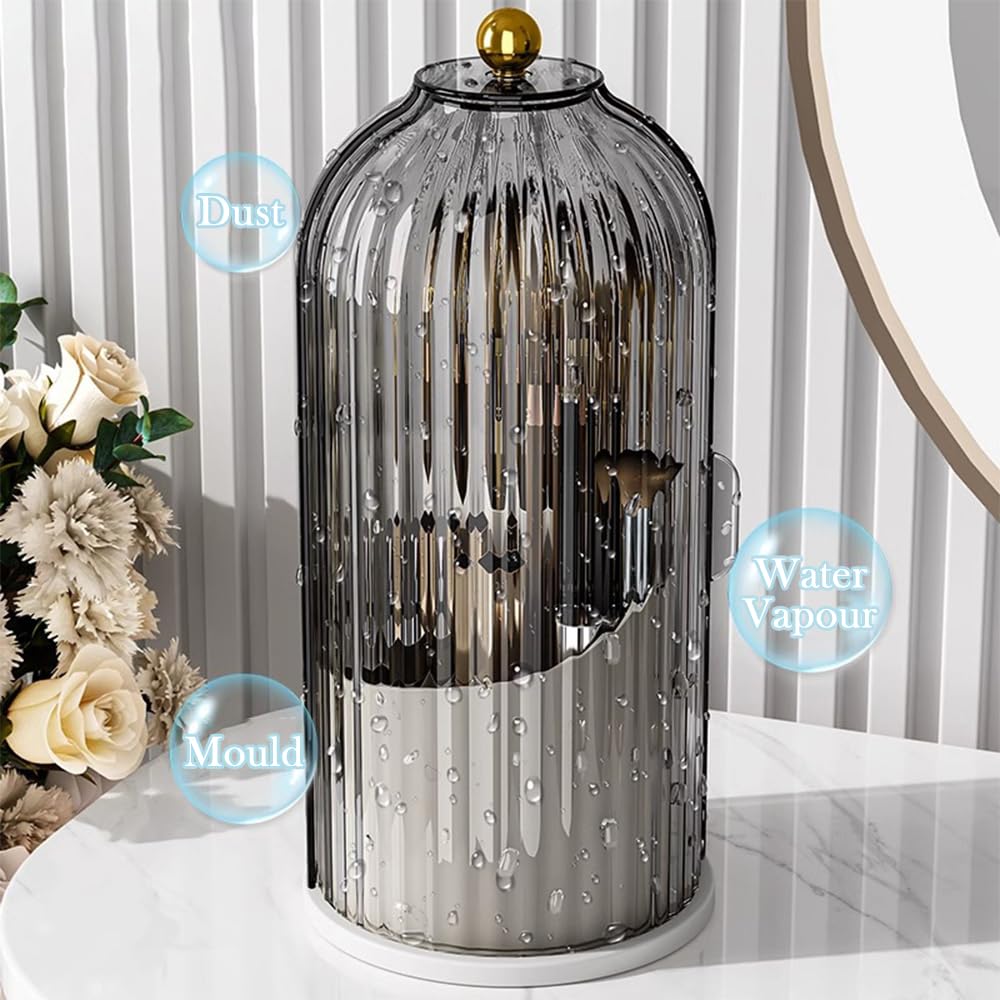 Haiansan Makeup Brush Holder Organizer with Lid, 360° Rotating Clear Dustproof Cosmetics Storage, Makeup Brushes Cup Pen Holder for Vanity Desktop Bathroom Countertop (Clear Black Cap)