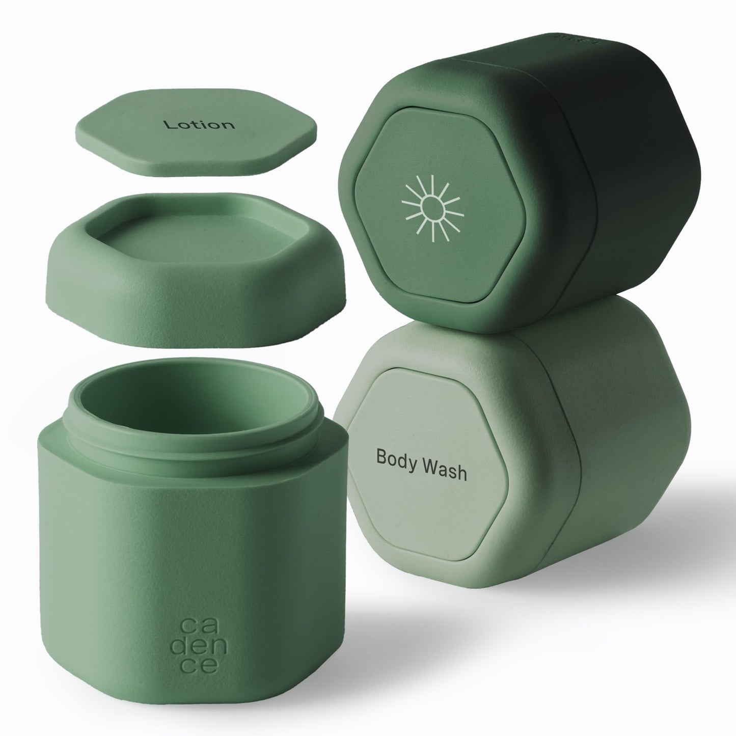 Cadence Travel Containers, 3 Medium (1.32oz), Evergreen - TSA Approved, Leak Proof - Body Care Capsule Set - Magnetic Containers, Carry On Travel Essentials - Body Wash, Lotion & Sun Icon Labels