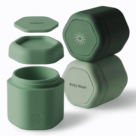 Cadence Travel Containers, 3 Medium (1.32oz), Evergreen - TSA Approved, Leak Proof - Body Care Capsule Set - Magnetic Containers, Carry On Travel Essentials - Body Wash, Lotion & Sun Icon Labels