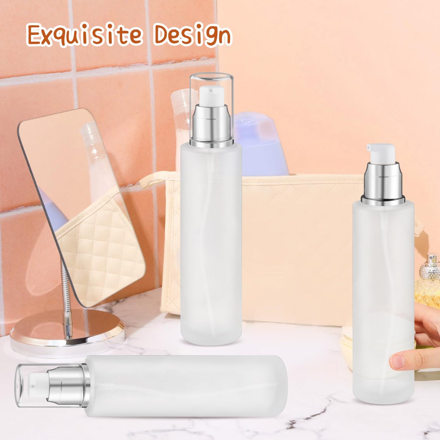 8 Pcs 120ml/4oz Frosted Glass Bottles Refillable Pump Dispenser Jar Travel Lotion Vials with Plastic Pump Head for Toiletry Liquid Foundation Cream Cosmetic Samples - Silver