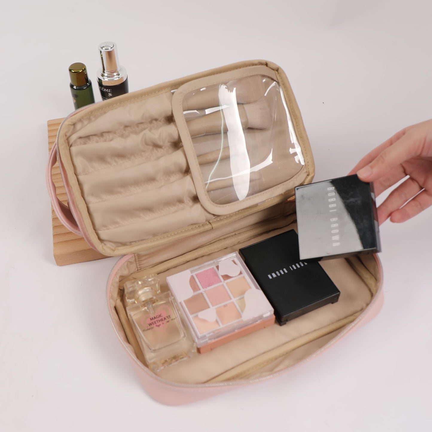 bagINBAG QIANPA Double Layer Makeup Bag, Large Waterproof Travel Bag with Handle and Brush Compartment for Women (Light Pink)