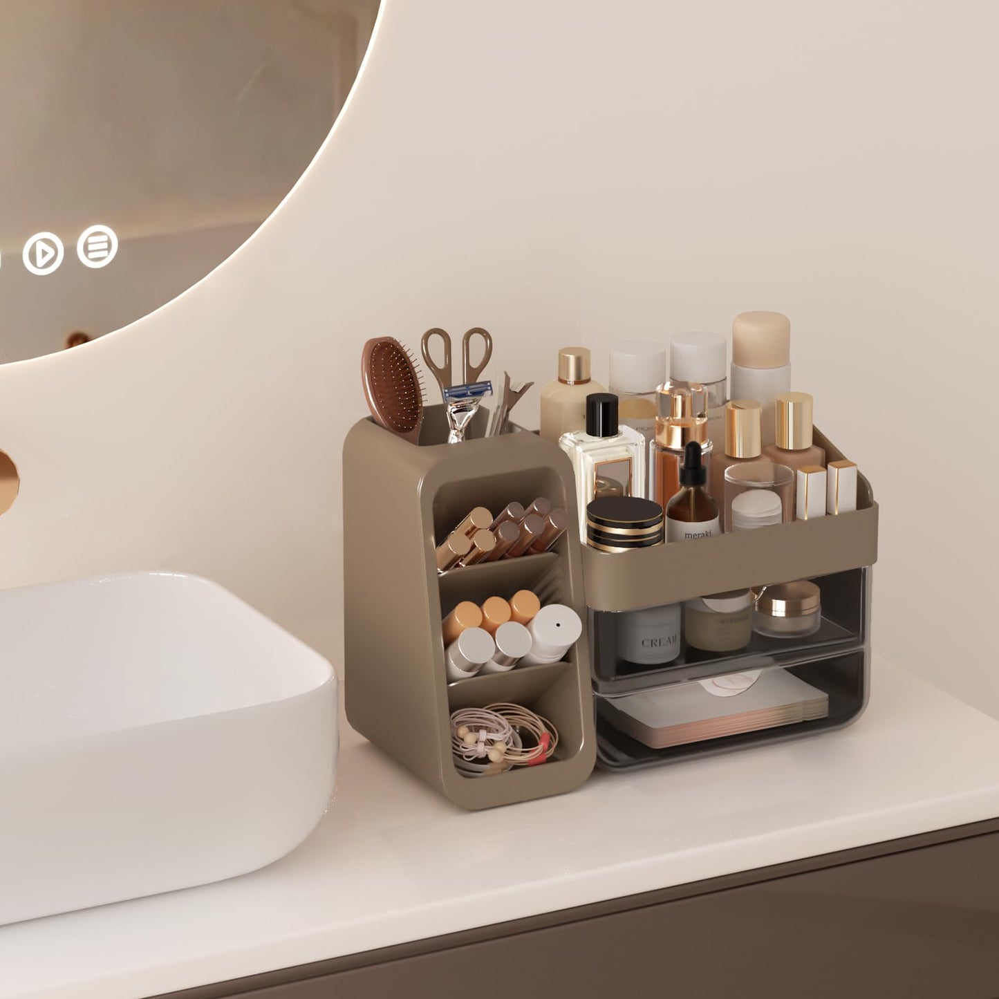 Makeup Organizer with Adjustable Brush Holder for Vanity, Large Skincare Organizer for Bathroom Countertop, Cosmetic Display Case with Drawers, Multi-Function Storage for Perfume, Lipstick, Palettes