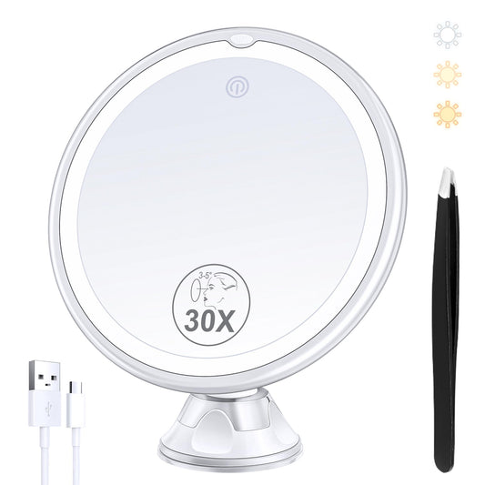 Lighted Makeup Mirror with 30X Magnification, 30X Magnifying Mirror Suction Cup with Light, 3 Color Modes and Adjustable Brightness, 360°Swivel Magnifying Mirrors with Light for Vanity 1500mAh