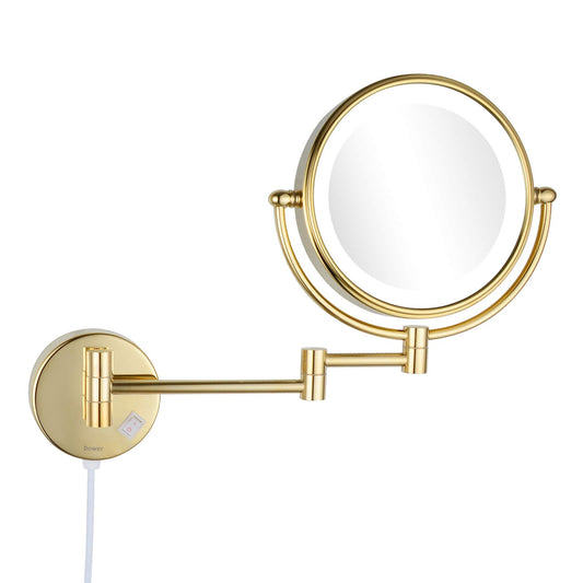 DOWRY 8 Inch Wall Mounted Vanity Makeup Mirror with LED Lighted,360 Swivel Double-Sided 10X Magnification Mirror for Bathroom/Bedroom/Hotel,Gold Finish