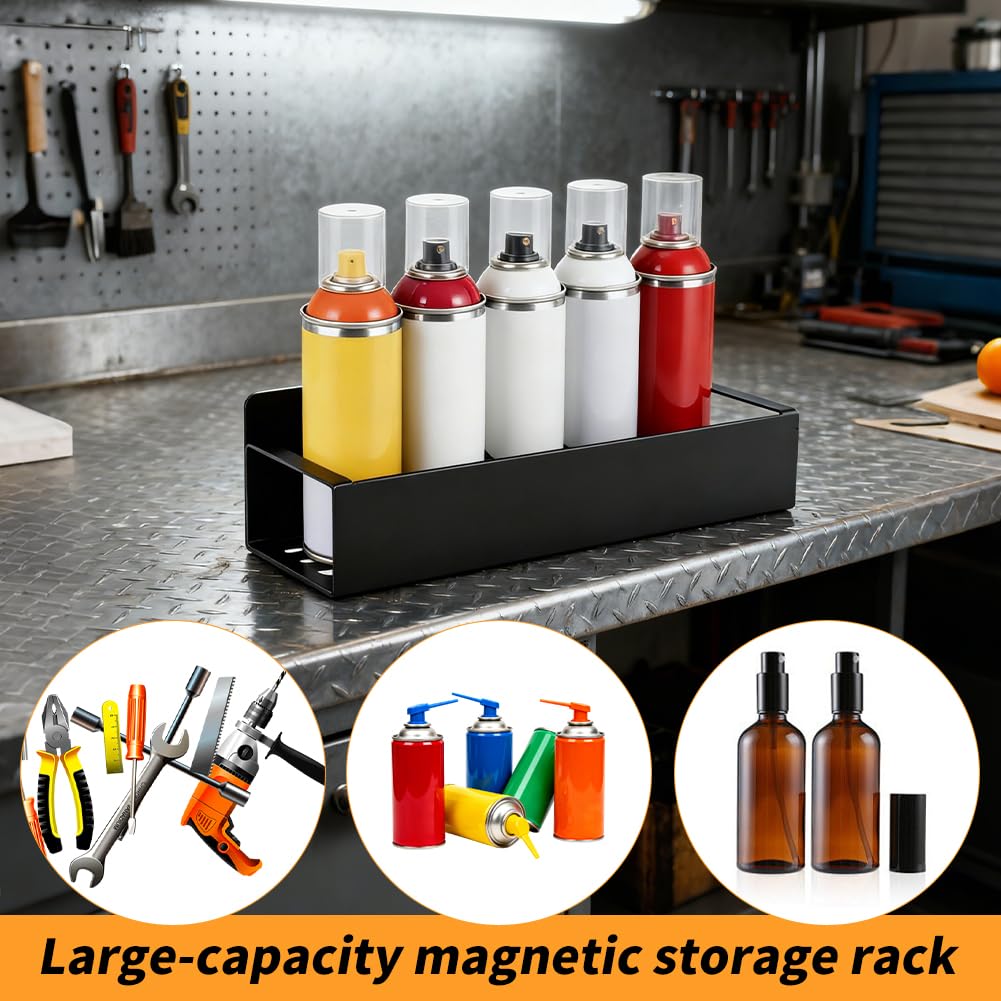 DiQiRenQin Magnetic Spray Can Holder 2 Pack, Steel Wall Mount Organizer for Toolbox and Metal Surfaces, 11.6 in and 10.6 in Racks, Fits Aerosol Cans Up to 3 in Diameter, Black