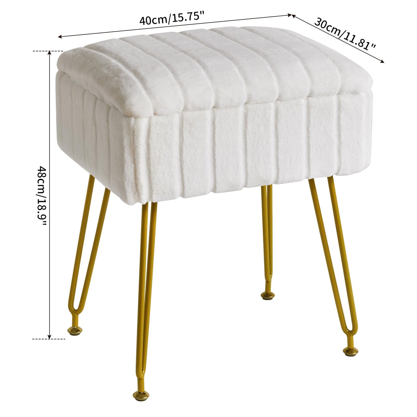 IBUYKE Vanity Chair with Storage Space, Footrest Ottoman, Small Side Table, Vanity Stool for Makeup Room, Bedroom, with Anti-Slip Feet, Faux Fur, White LG-50W