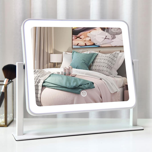 Leadzones Rechargeable Vanity Mirror with Lights,14"x12"LED Lighted Makeup Mirror,Large Makeup Mirror with Lights,Touch Screen with 3-Color Lighting,Dimmable,for Vanity Desk Tabletop,Bedroom