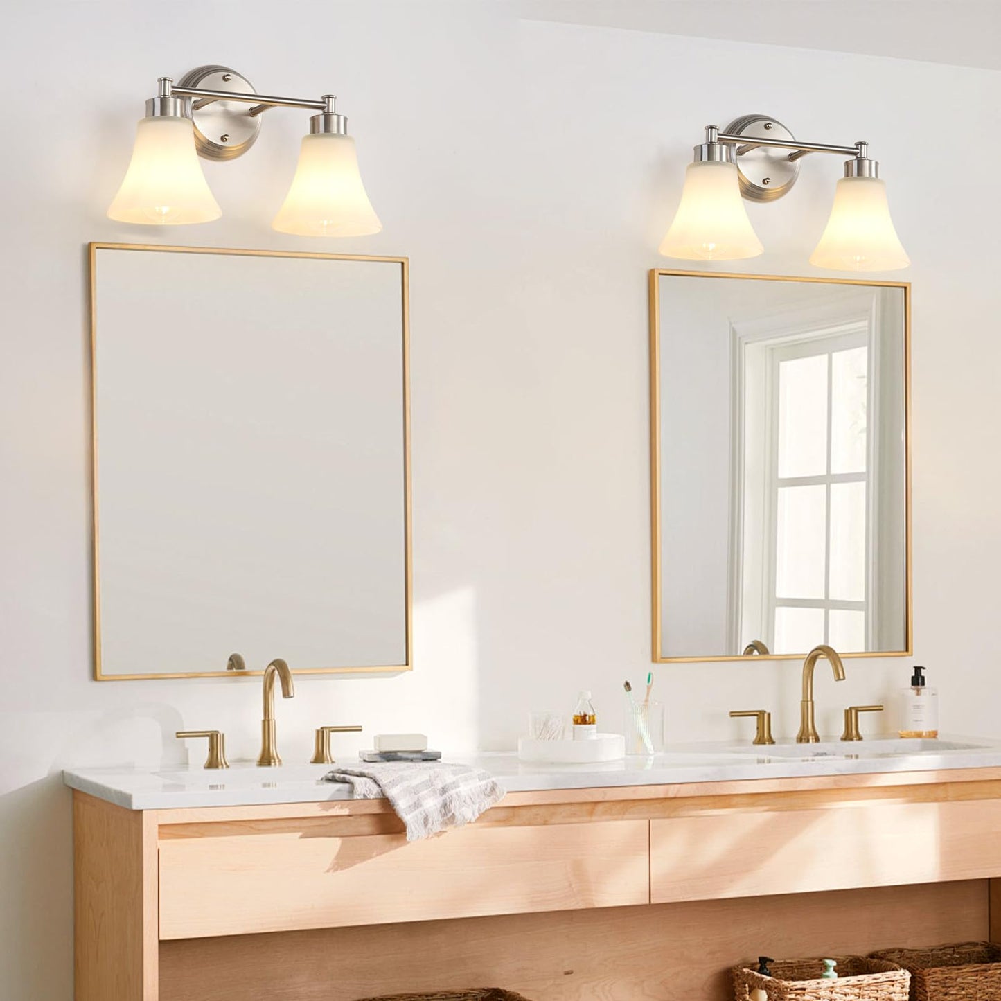 LOUSACE 2 Light Bathroom Vanity Light Brushed Nickel Bathroom Lighting Fixtures Over Mirror with Opal White Frosted Glass, Vintage Traditional Wall Lighting Fixture Satin Nickel Vanity Lights