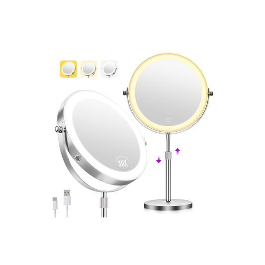 Zlroluyn 1X/30X Makeup Mirror with Lights, Brightness Adjustable with 3 Colors, Double Sided Magnifying Mirror with 360° Rotation, Lighted Makeup Mirror with Magnification, Ideal Gift for Women