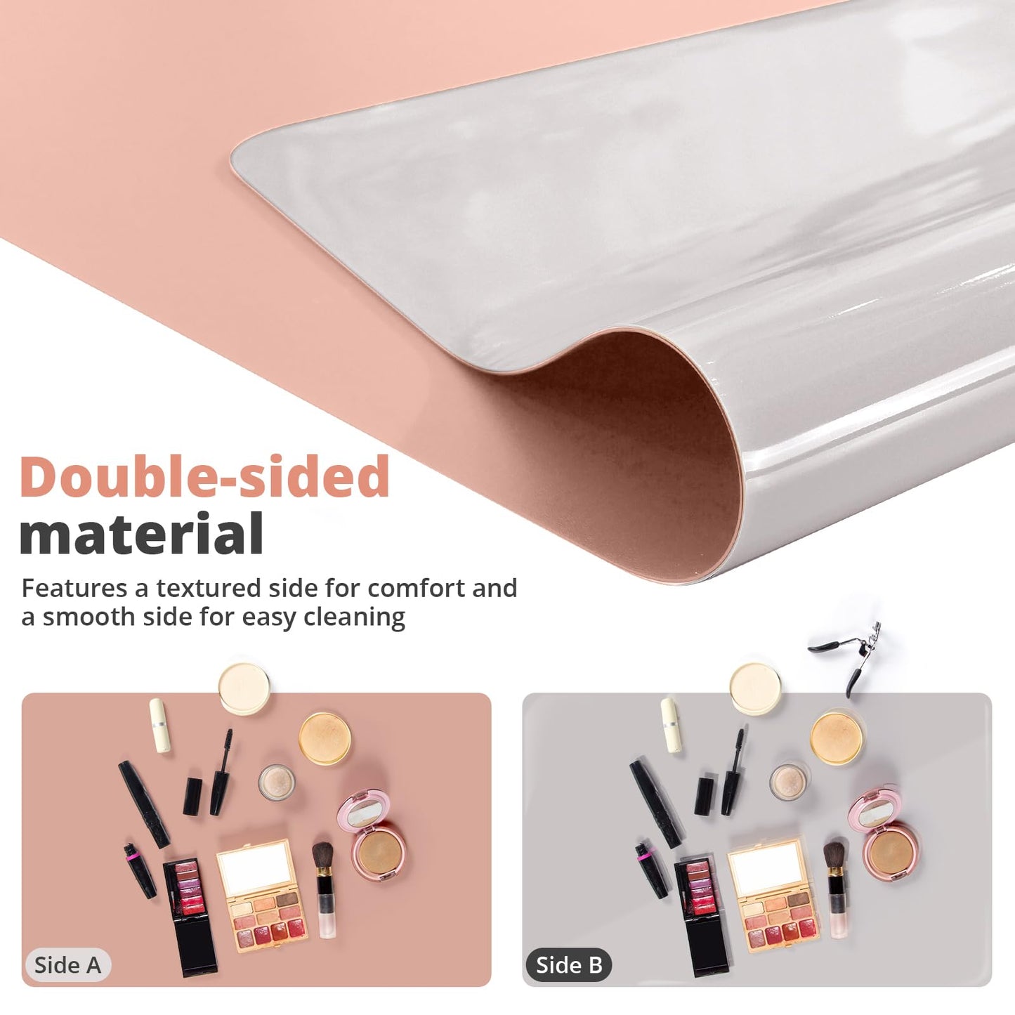 LovePads Makeup Mat for Vanity, 14 x 24 Dual-Sided Desk Pad & Vanity Cover Top, Waterproof PVC Protector Mat for Dresser, Nail Art, Craft Table (Pink+Silver)