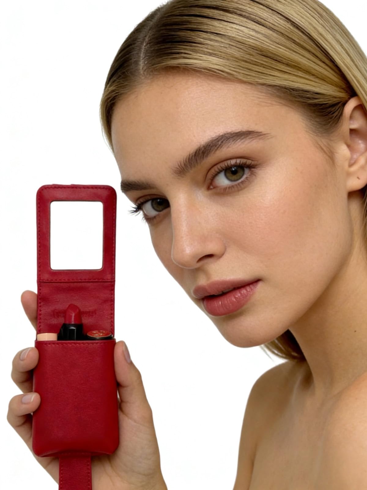 AgentMoon Luxury Handheld Lipstick Pouch with Mirror,Genuine Leather Lip Balm Case with Clamshell Magnetic Hidden Clasp and Hook for Chain.Portable Travel Cosmetic Case for Women Gift. (Red Woven)