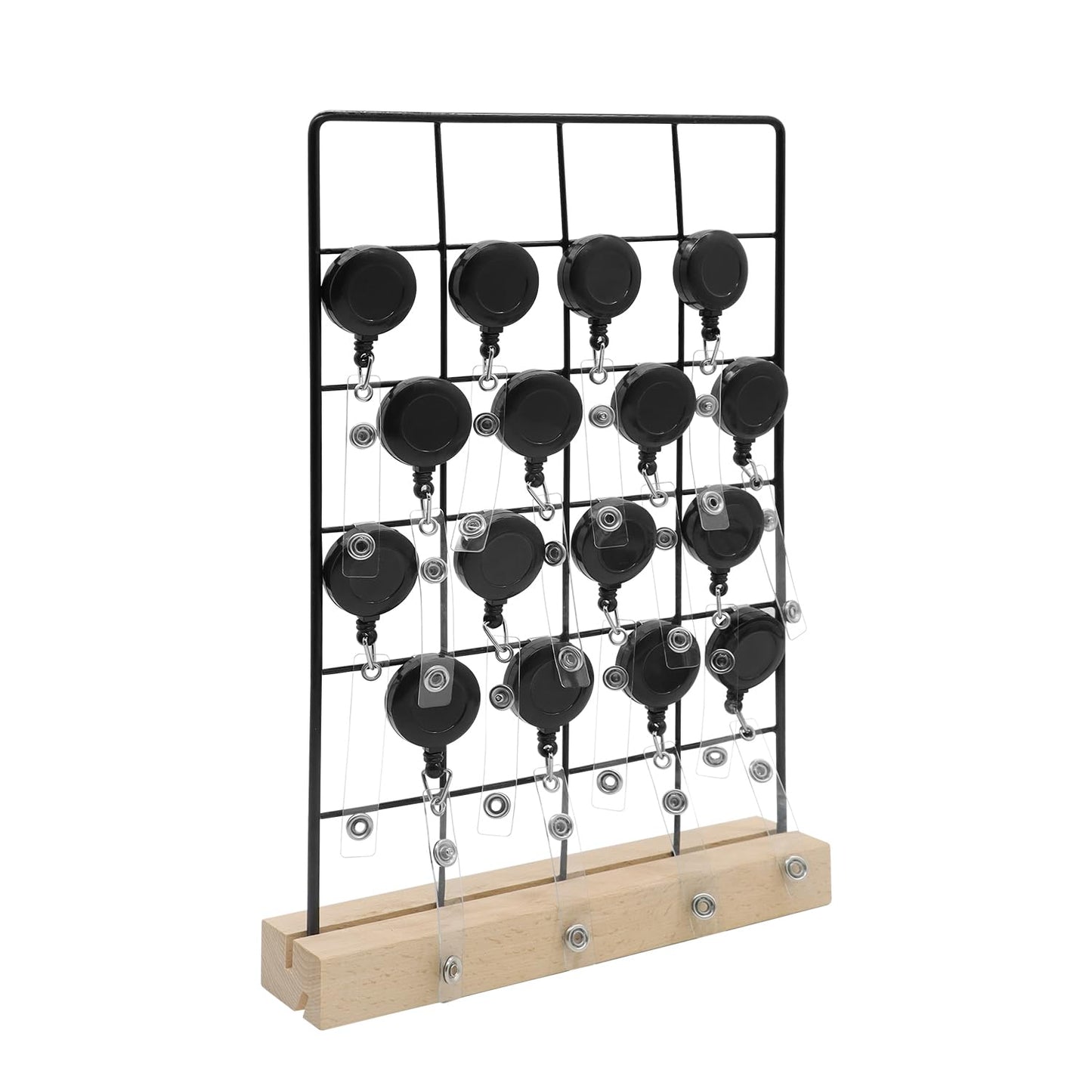 Badge Reel Display Stand, Keychain Display Stand lron Grid with Wooden Base for Hanging 12 Badge Rolls, 11.8in x 7.87in, Durable Storage Rack for Home or Store Use (1)