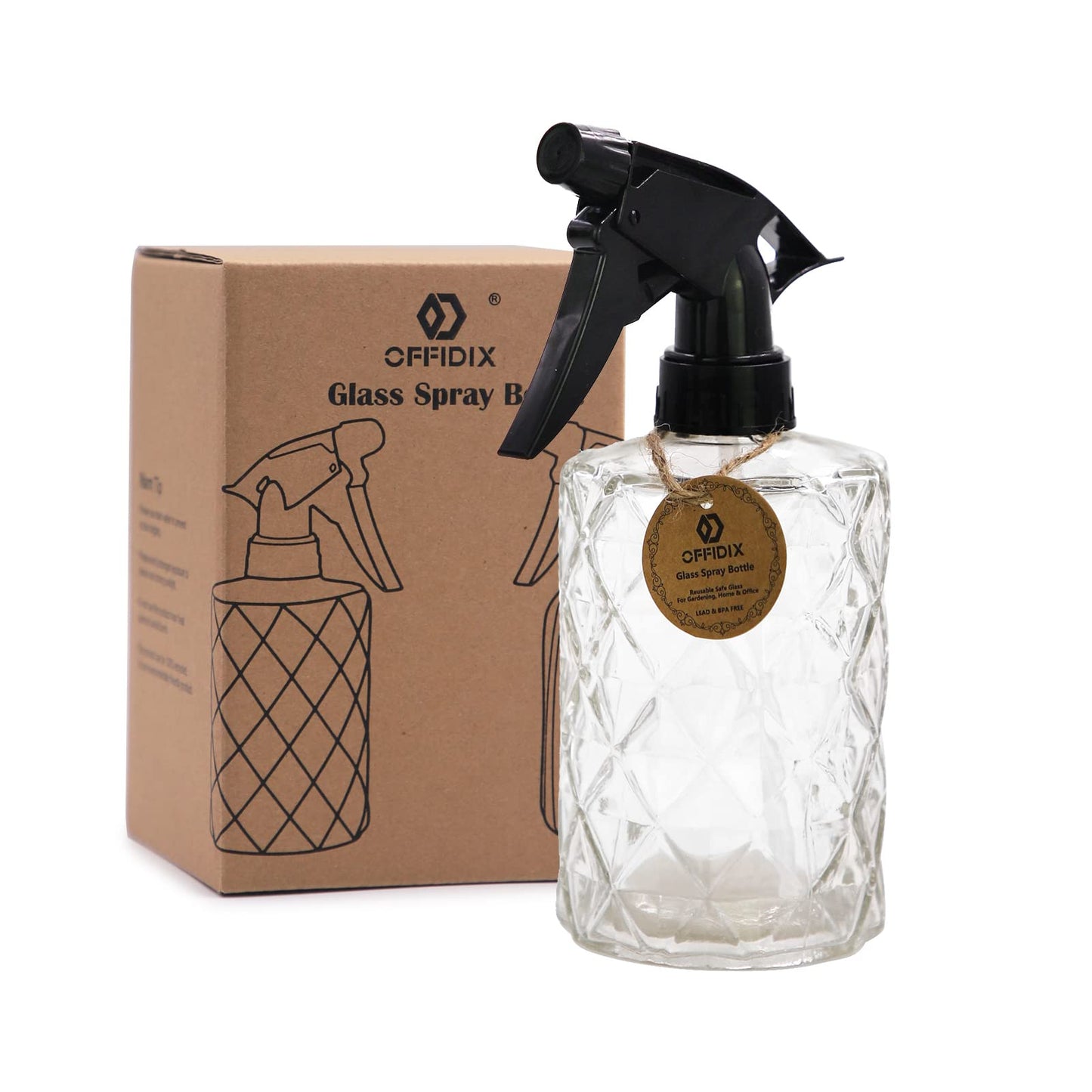 OFFIDIX Glass Spray Bottle with Adjustable Nozzle Fine Mist and Spray for Home Use,Cleaning Solutions (Rhombus White),2 Pack Plant Mister Sprayers Watering Nozzles Replacement
