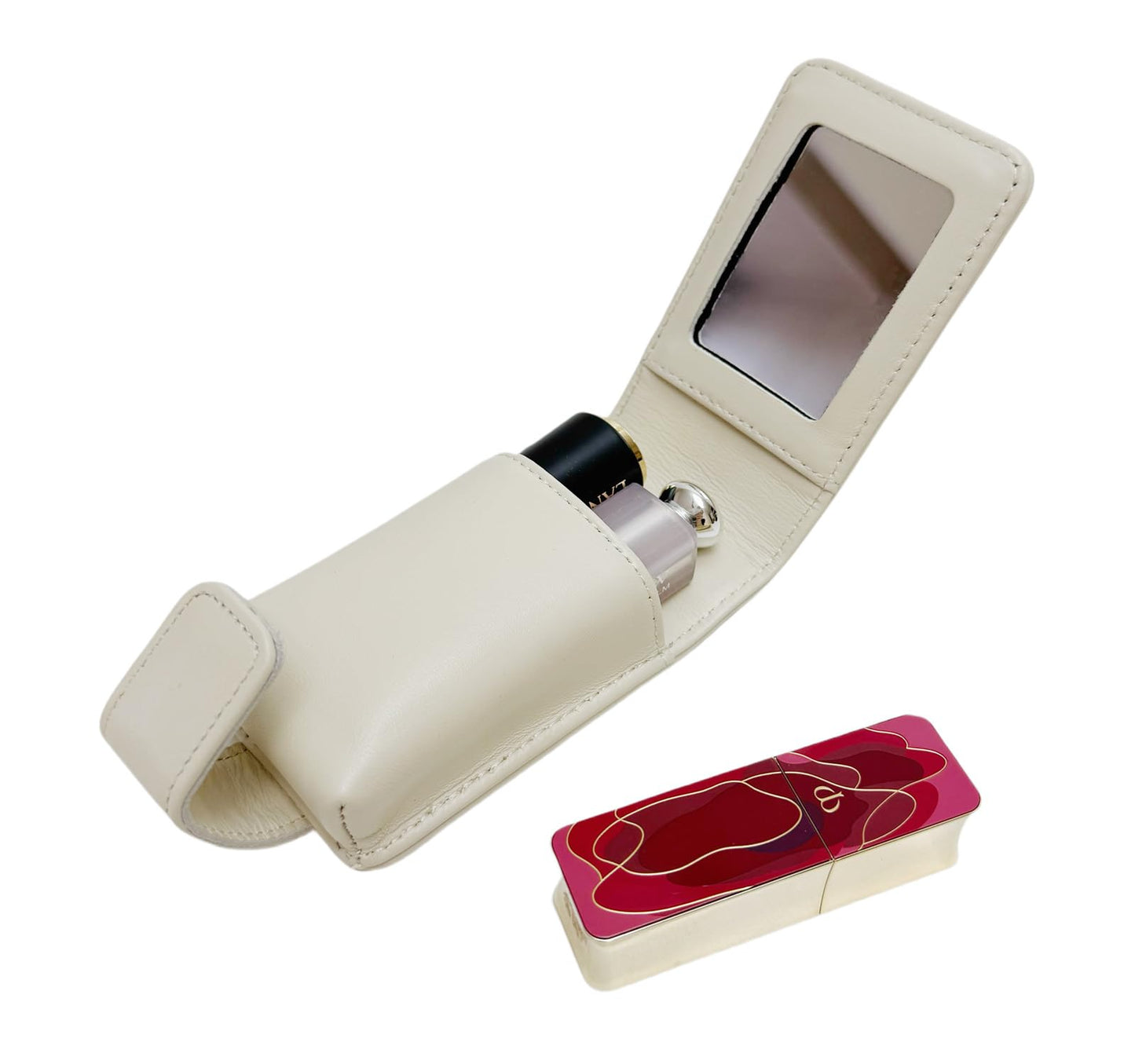 AgentMoon Handheld Lipstick Pouch with Mirror,Genuine Leather Lip Balm Case with Clamshell Magnetic Hidden Clasp.Portable Travel Cosmetic Case for Women Gift. 4.1x2.3x1.8 inches (Off-white)