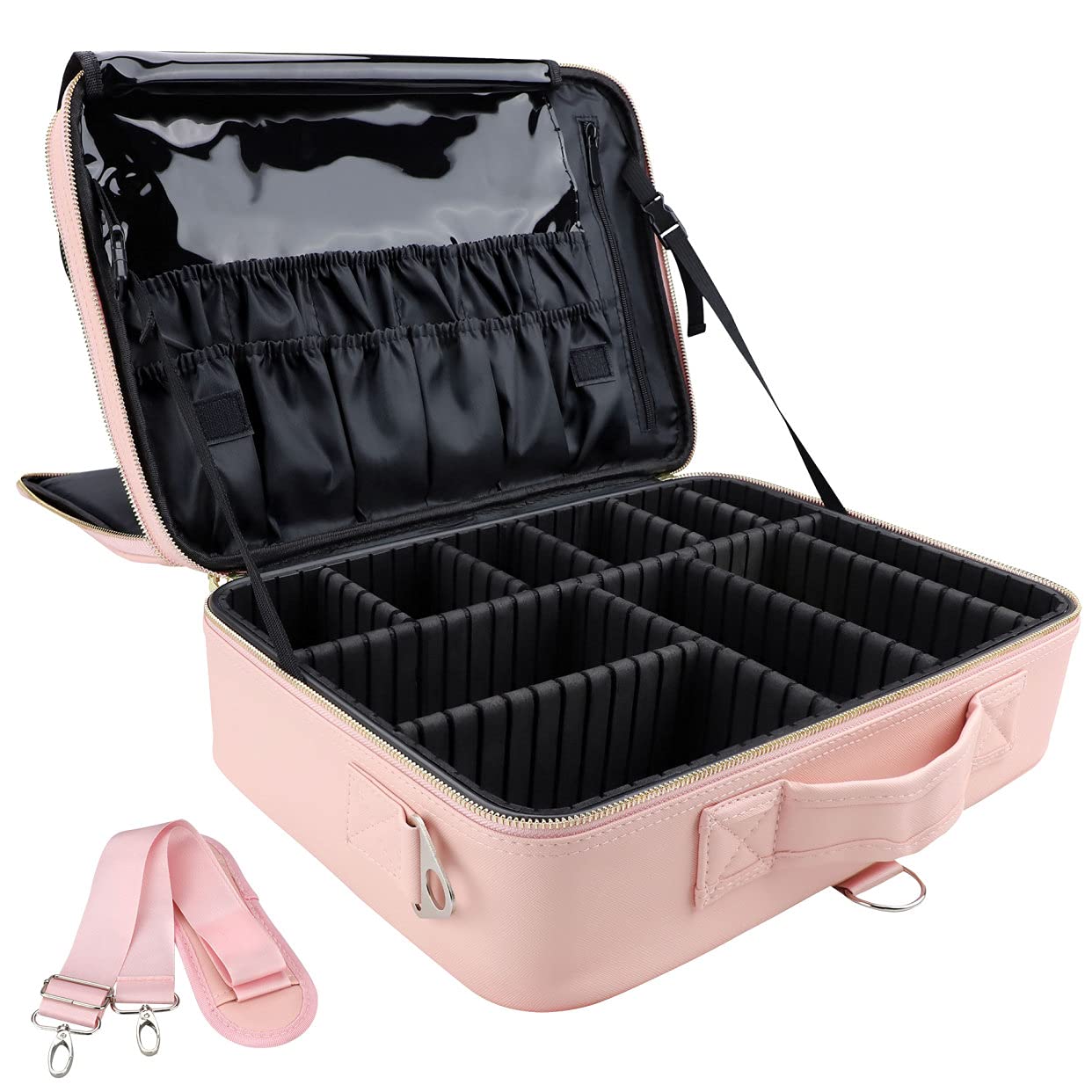 JOURMON Travel Makeup Train Case,Large Capacity Cosmetic Bags for Women,Portable Makeup Bag Organizer with Adjustable Dividers & Shoulder Strap(Pink, L)