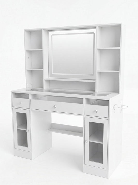 LIVELYGLOW 43.3" White Large Makeup Vanity Desk with Glass Top & RGB Lights