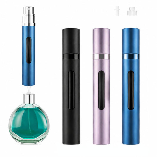 Topblux 3-Pack 10ml Refillable Travel Perfume Atomizer, Leakproof Bottom-Fill Spray Bottle, Compact Reusable Fragrance Dispenser for Women Men Gift (Black+Blue+Pink)