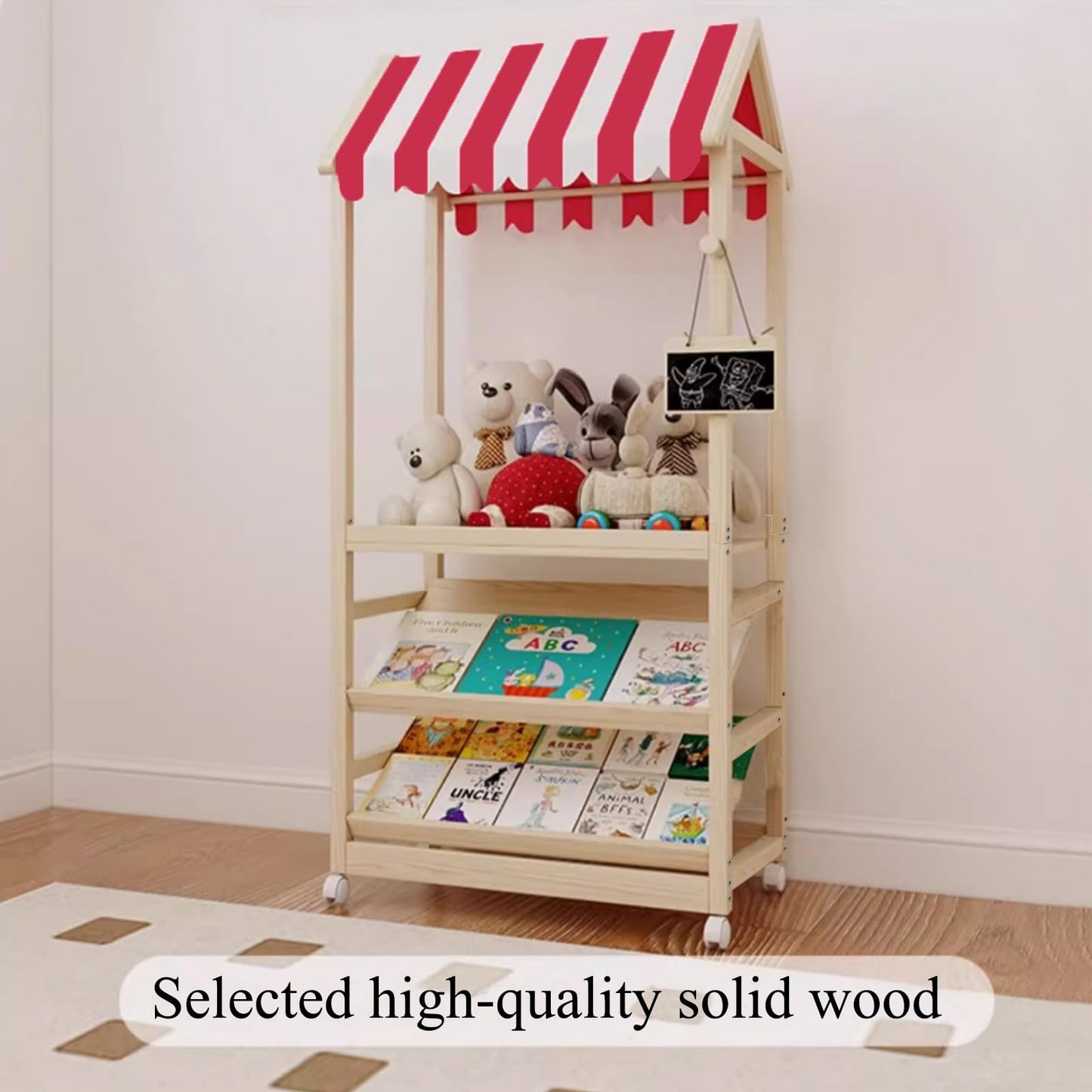 HaoGZMZFCL 3 Tier Wood Storage Rack with Lockable Casters for Easy Movement for Living Room Bed Room Wooden Storage Shelf Bookshelf Coat Rack for Books Toys Clothes, a Rod (Red & White roof)