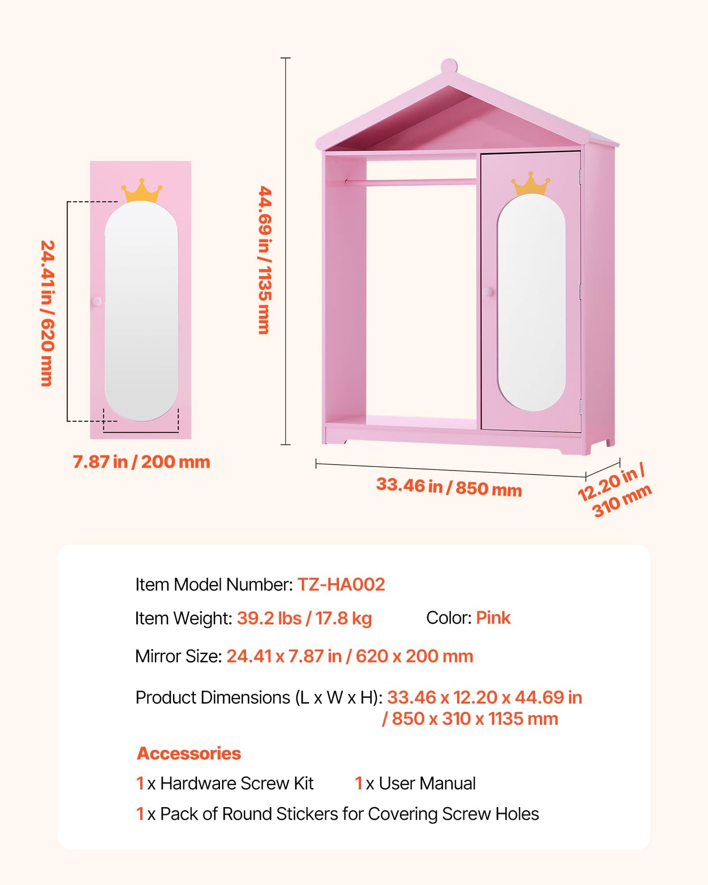 VEVOR Kids Dress Up Storage, with Mirror, Dress Up Closet, Kids Armoire Wardrobe Closet for Little Girls, Toddler Costume Organizer, Pretend Princess Storage Dresser, for Bedroom, Girls Room, Pink