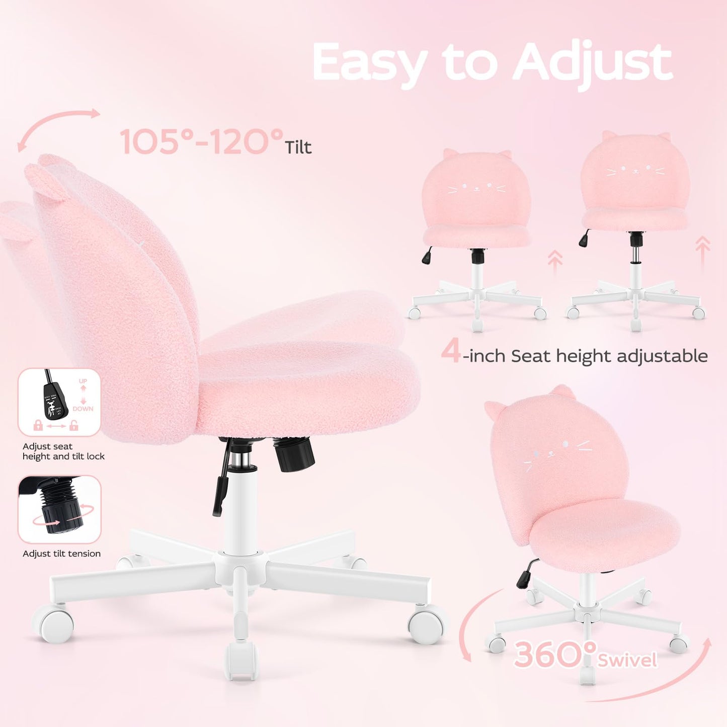 Morkprism Vanity Chair with Cat Back,Armless Desk Chair Cute Small Office Chair,Teddy Fabric Computer Chair with Adjustable Height,120°Tilting,Rolling,Swivel for Vanity,Kids Room,Office,Bedroom Pink