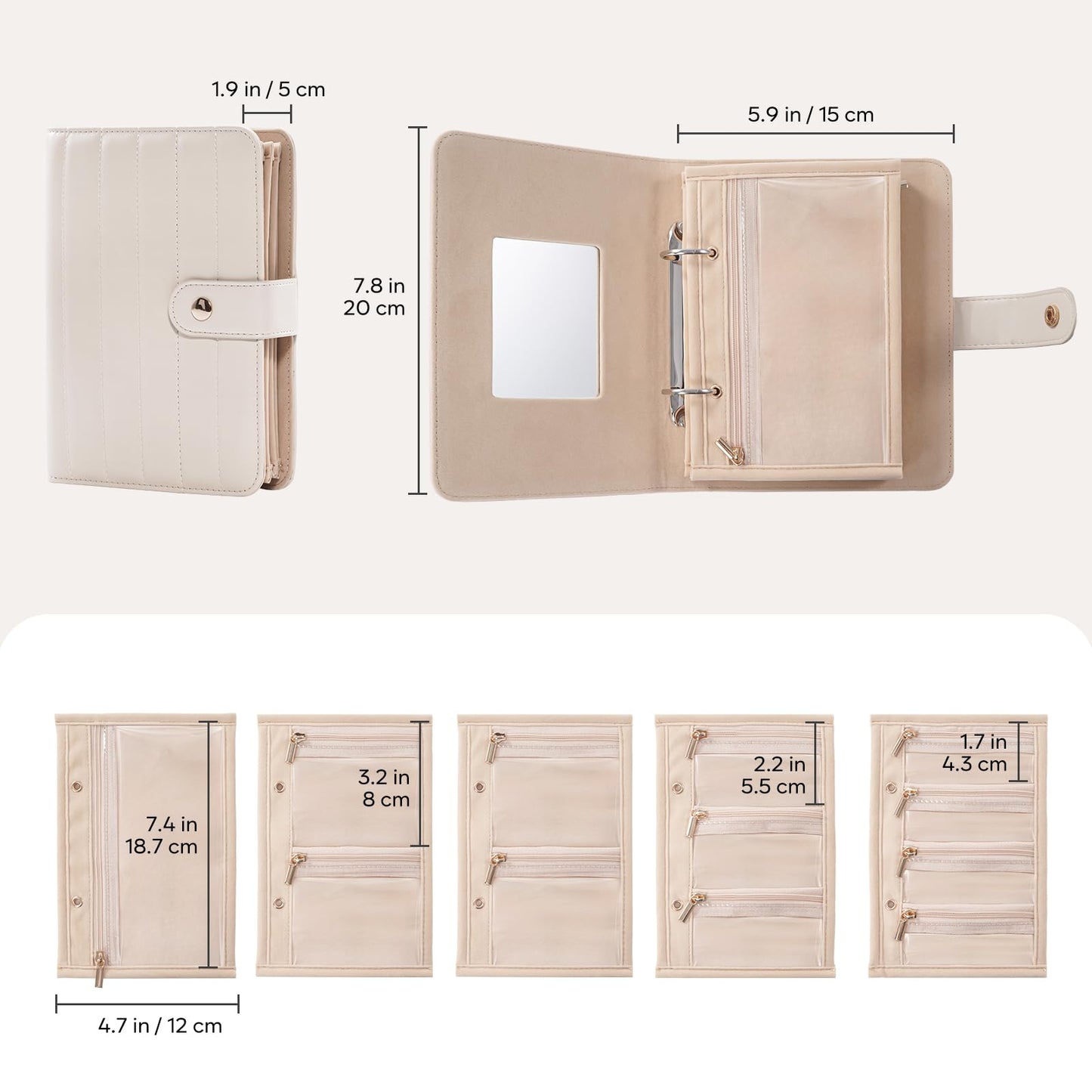 Lolalet Travel Jewelry Organizer Case, Portable Jewelry Storage Book Portfolio Binder with Zipper Velvet Pouch for Women -Beige