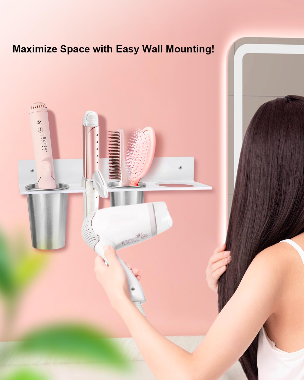 Bollmisde Hair Tool Organizer, Hair Dryer Holder with Heatproof Steel Cups, Acrylic Vanity Organizer for Curling Iron, Flat Iron & Hair Brushes, Perfect for Bathroom (White, Oversized)