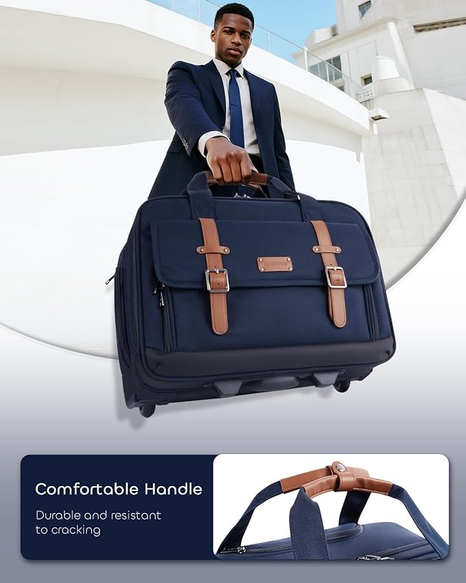 Rolling Laptop Bag for Men and Women, 17 Inch Roller Computer Briefcase, Underseat Carry On Luggage Suitcase with Wheels, Waterproof 2 Wheeled Case for Work, Travel, College, Mobile Office Bag, Navy
