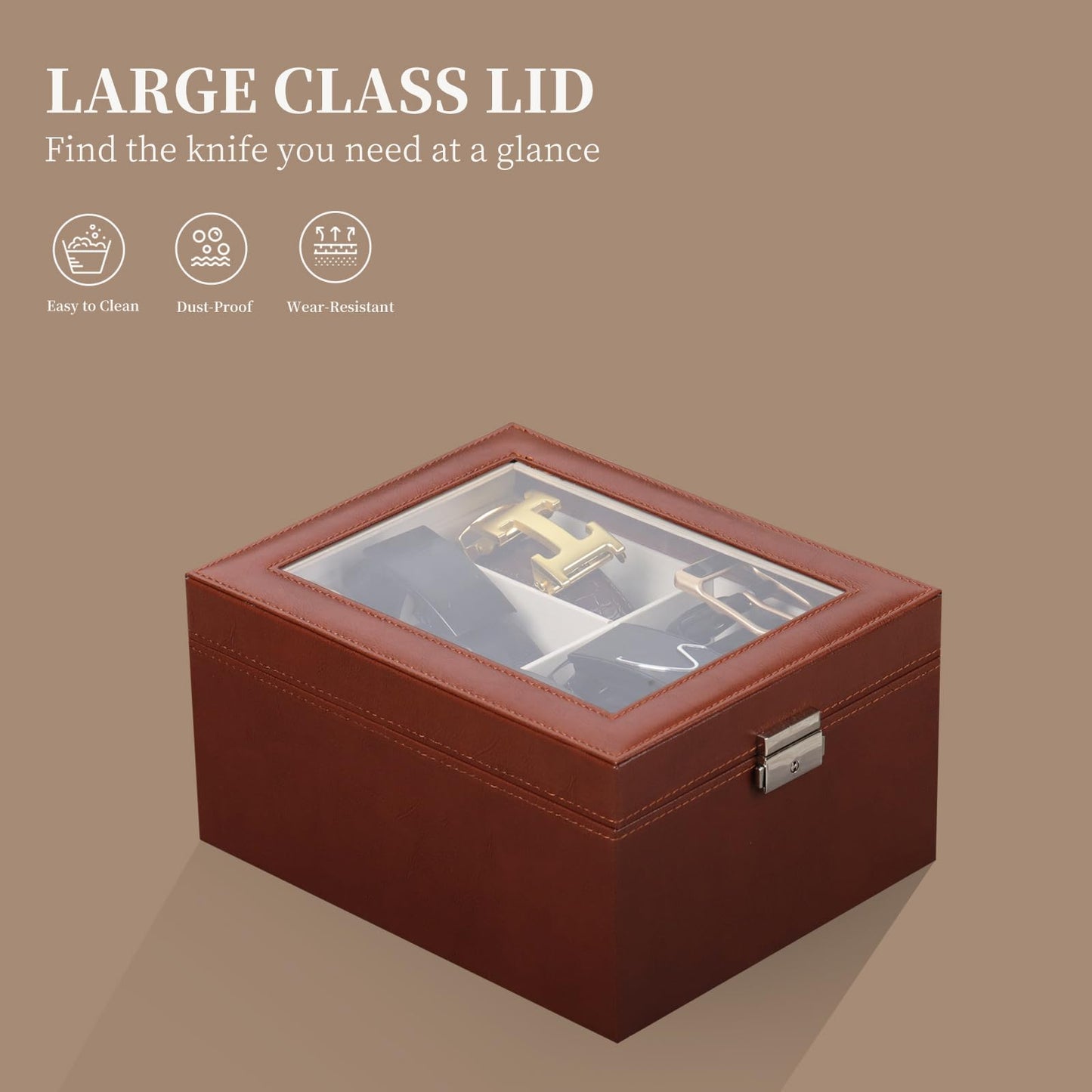 AUTOARK PU Leather Belt Organizer with 6 Compartments & Transparent Glass Top,Compact Storage for Belts,Ties,and Accessories,Perfect for Men,Women,and Home Organization,Brown,MKAW242