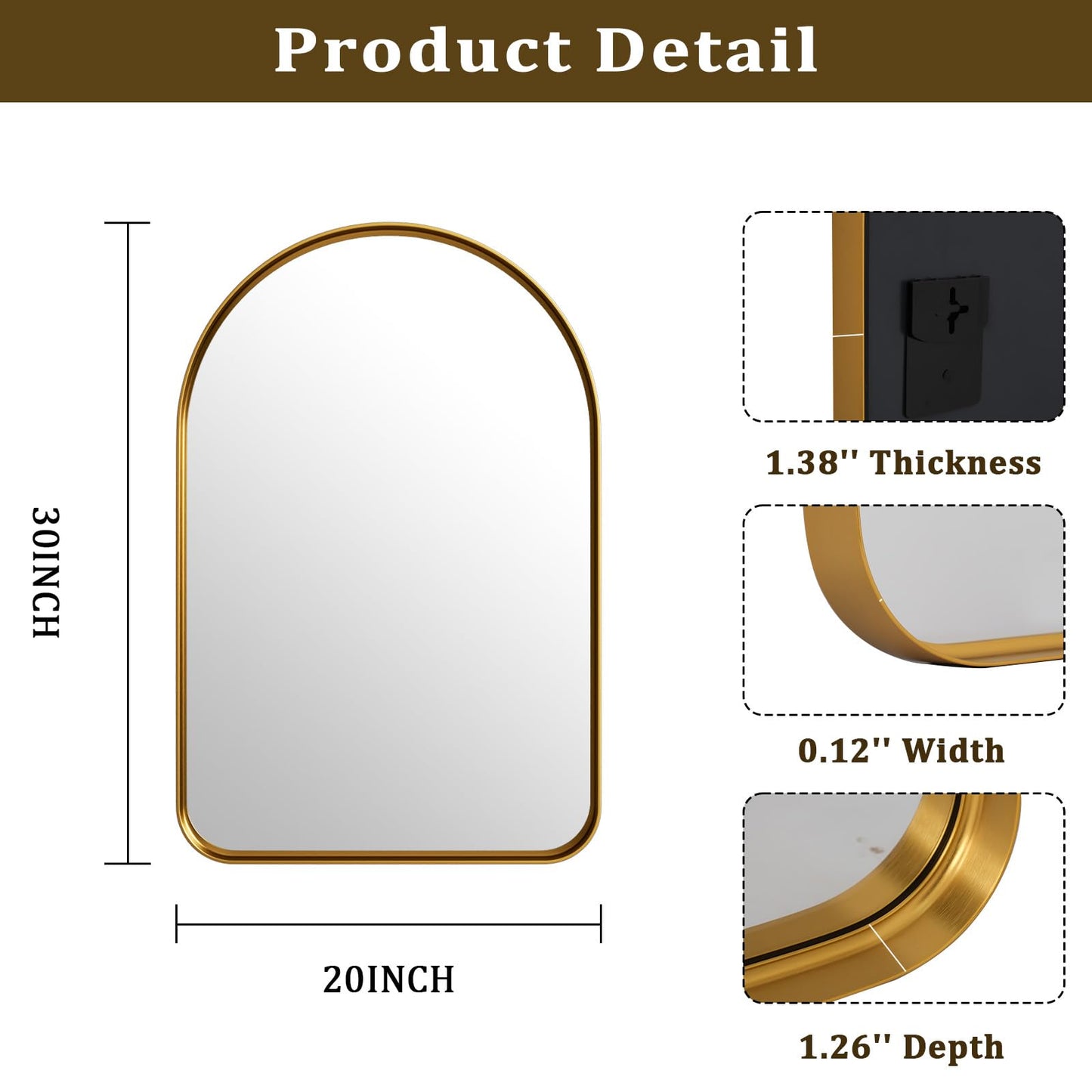 Arched Bathroom Mirror - 30x20 Inch Gold Bathroom Mirror for Wall - Aluminum Alloy Framed Mirror - Arched Top Bathroom Vanity Mirror for Living Room, Bedroom, Mantel, Entryway, and Hallways